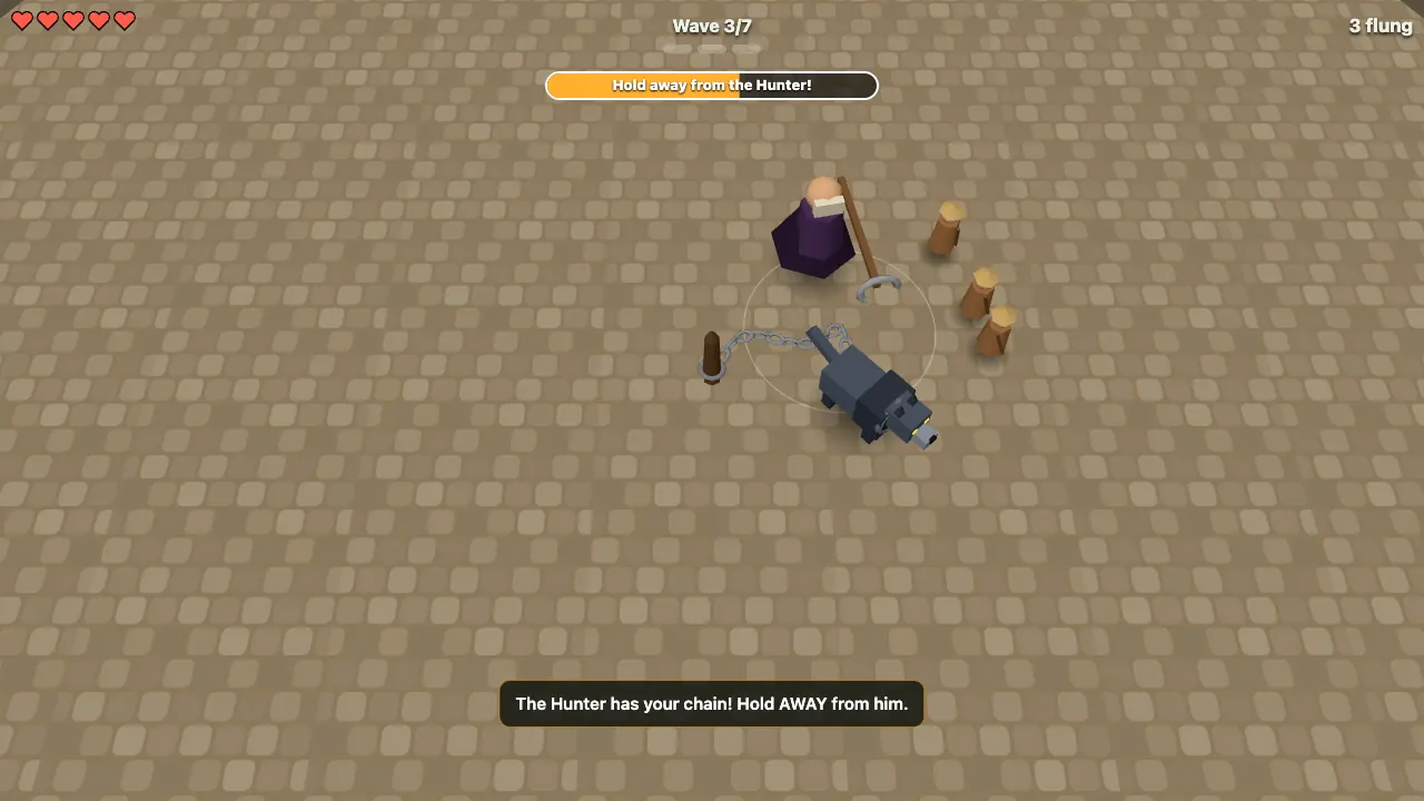 Chained Beast boss fight: the masked Beast Hunter grabs the chain and a tug-of-war bar fills at the top of the screen