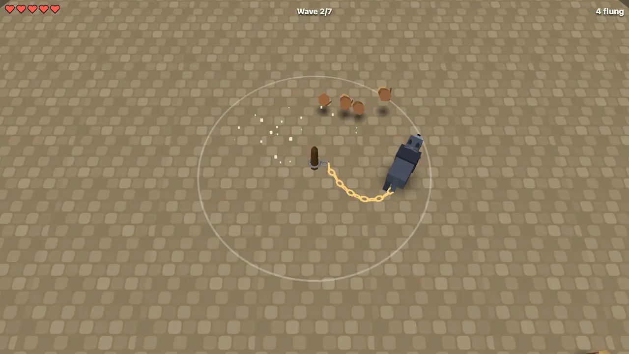 Chained Beast gameplay: the wolf-like beast swings its glowing gold chain around the stake while villagers fly through the air