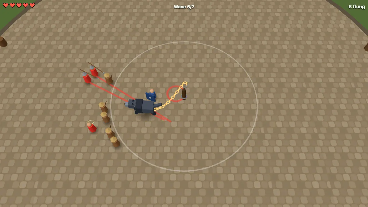 Chained Beast hunters: red spearmen aim along red warning lines while a netter and blue shieldbearers close in on the chained beast