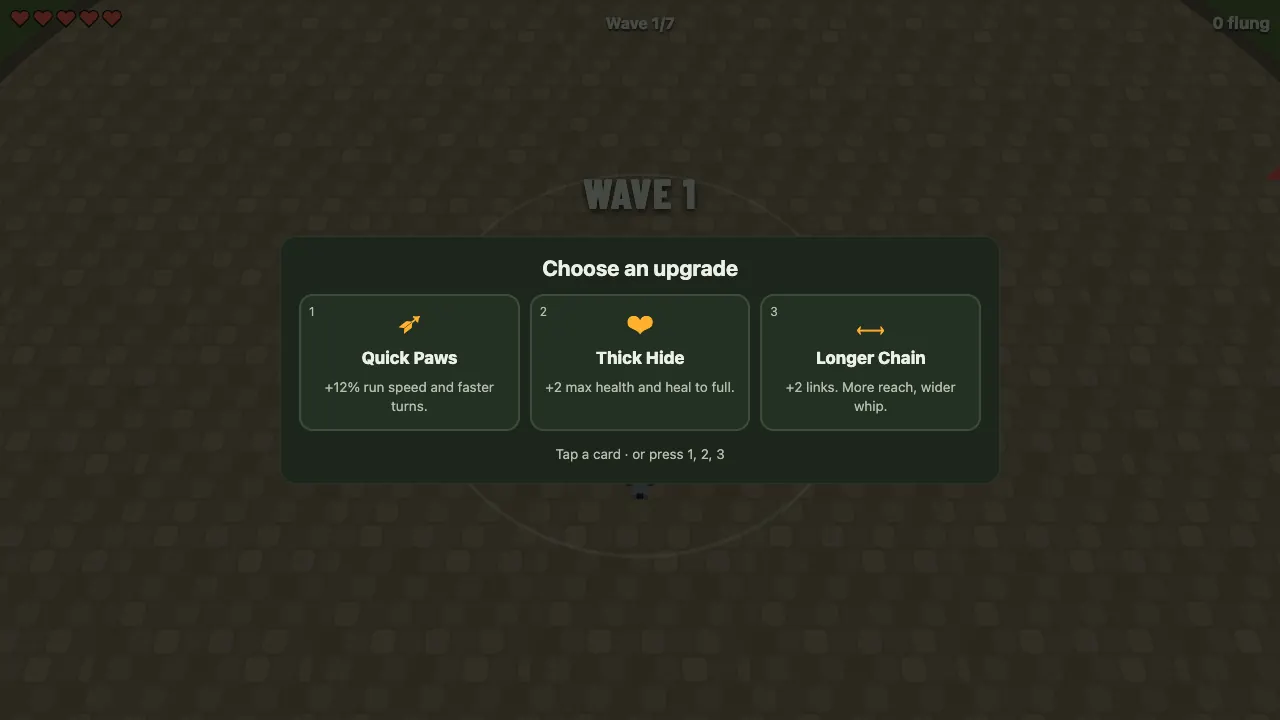 Chained Beast upgrade screen with three cards to choose from after a wave